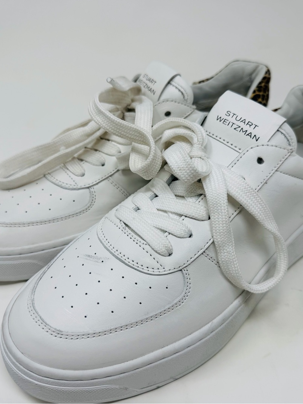 Stuart Weitzman White Leather Lace-Up Sneakers with Leopard Heel Accent